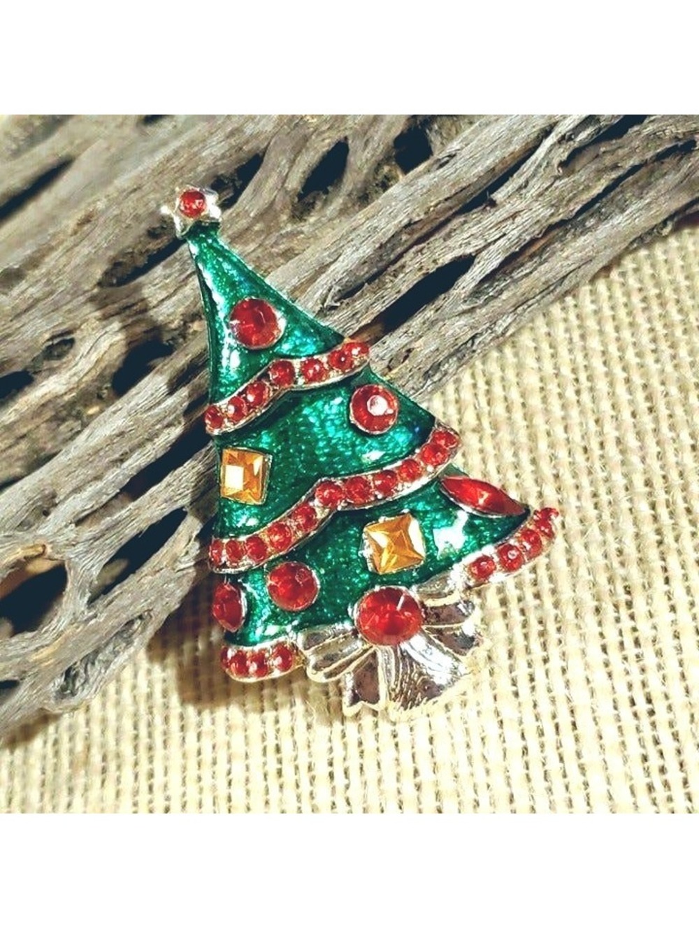 New Vintage Christmas Tree Red Green Silver Rhinestone Enamel Sweater Pin Brooch